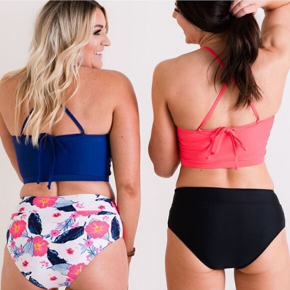 NWT: Midkini, High Neck, Halter Tie, Bikini Top in Blue Palm. - Picture 10 of 11